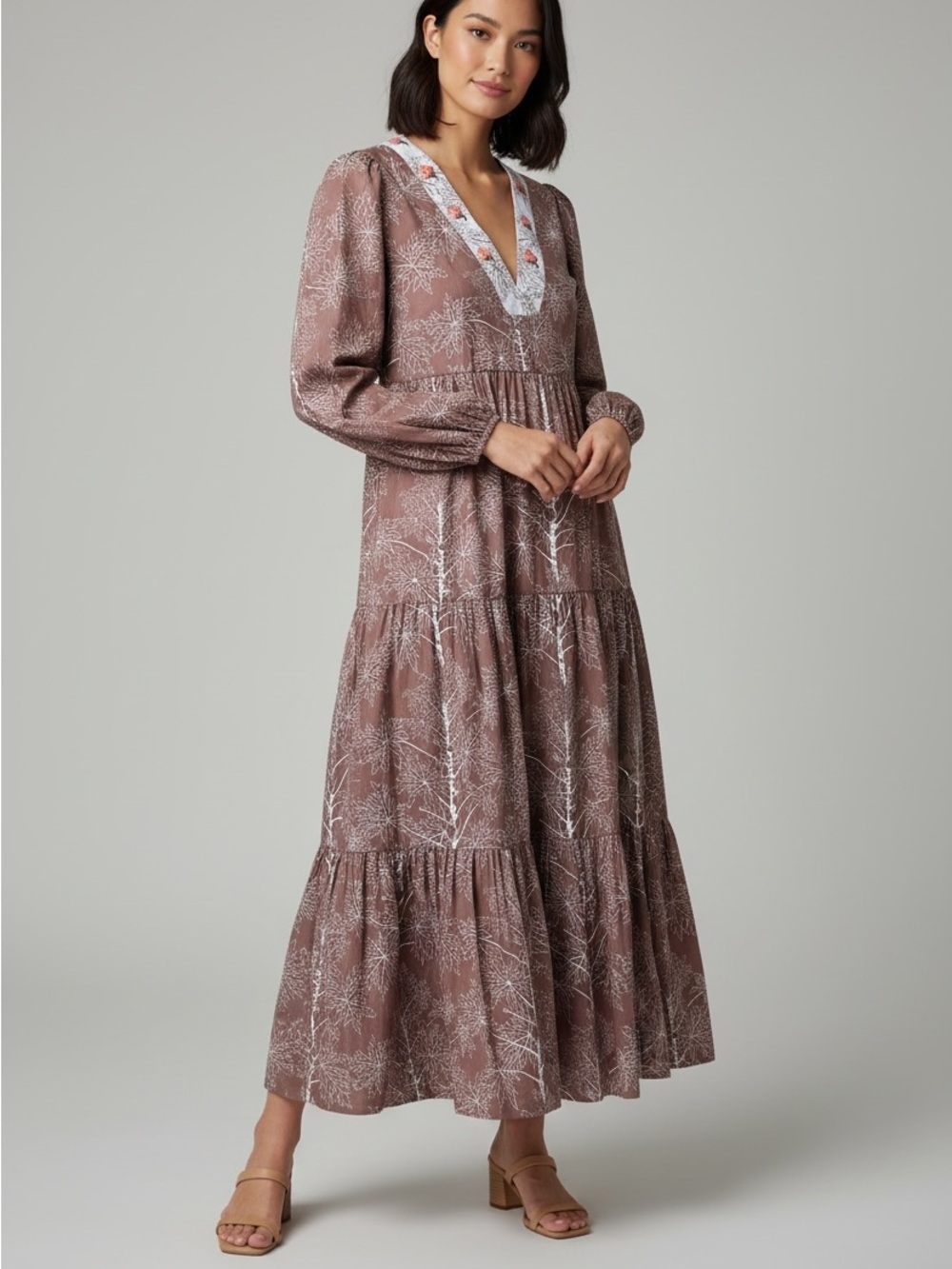 NWT Coco Shop Brown long Sleeve Coconut Tree Print Midi Tiered Dress Sz XS